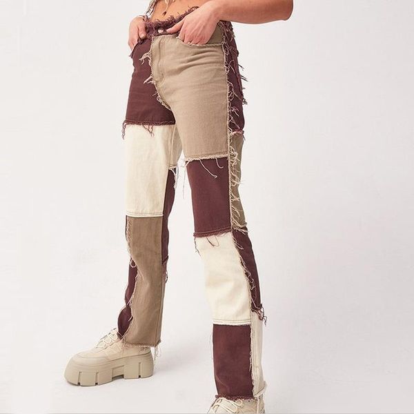 

brown patchwork jeans grunge 90s aestietic streetwear hippie contrast stitch blue jeans pants high waist casual 2020, Black;white