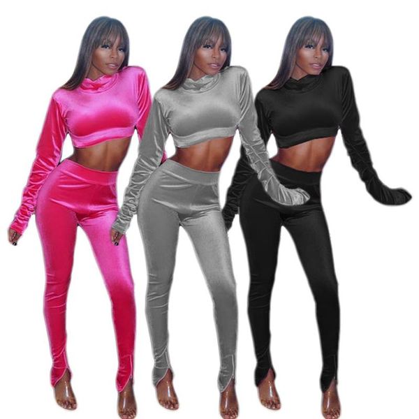 

women clothes velvet high-necked navel hoodie elasticated waist trousers outfits women two pieces set, Gray