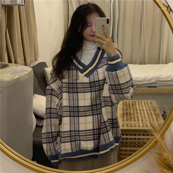 

winter loose chic plaid autumn new korean v-neck ins harajuku vintage bf simple hedging casual female sweatershirt1, White;black