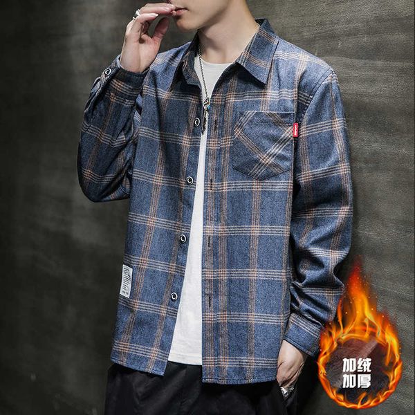 

plush men's long sleeve 2020 and winter new korean fashion plaid warm shirt coat autumn jacket, White;black