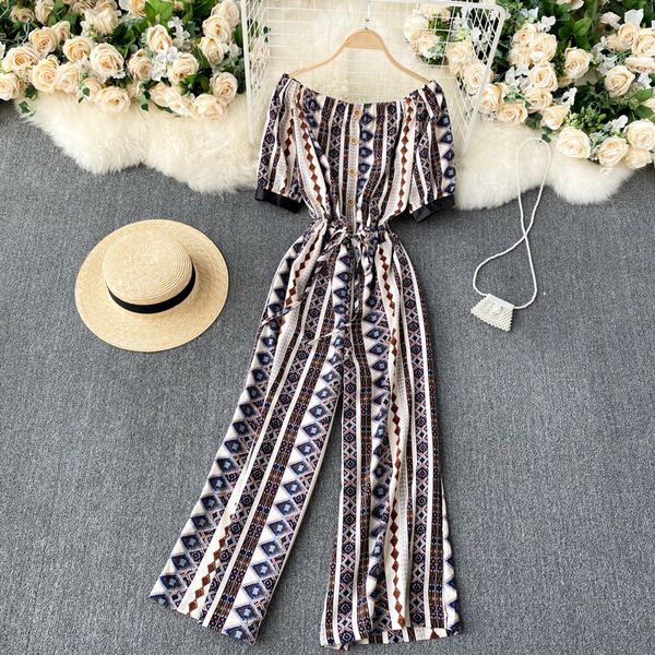 

2021 new singiny feminine retro print summer slash neck short rentals up overalls off the shoulder long n00p, Black;white
