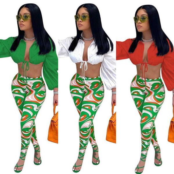 

2022 spring 2 piece pants set outfits women designer lantern sleeve bandage crop high waist printed leggings matching set, White