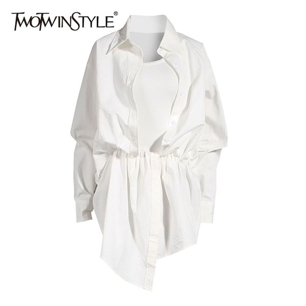 

twotwinstyle white ruched spaghetti strap dresses for women lapel collar long sleeve irregular casual female dress 2020 summer lj200824, Black;gray