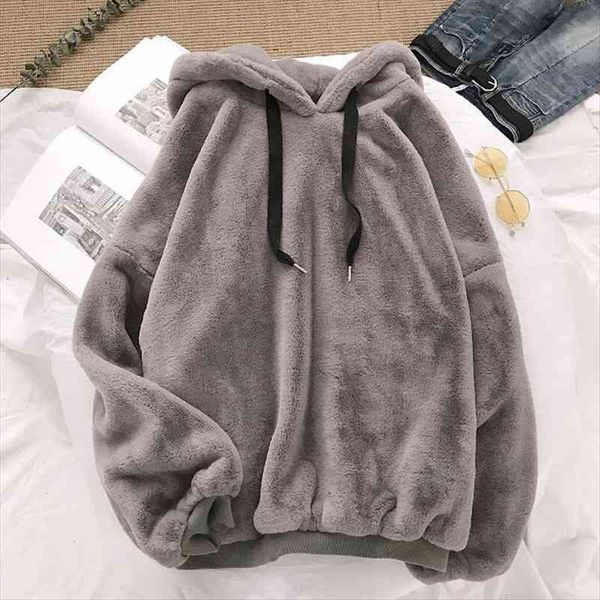 

autumn winter coats soild sweet hooded women harajuku loose casual warm hoodies ladies fleece flannel pullover female sweatshirt, Black