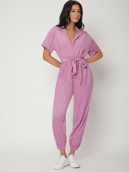 

drop shoulder half button belted jumpsuit c2ay#, White