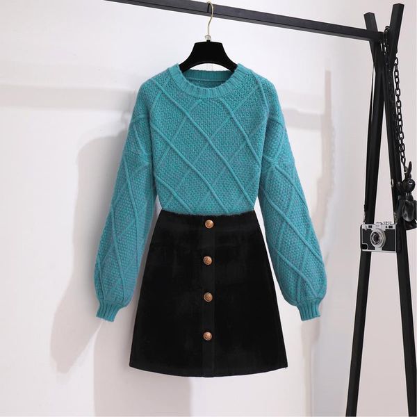 

real sautumn and winter new casual lazy retro pullover sweater knit two piece set black woolen skirt outfits for women, Gray