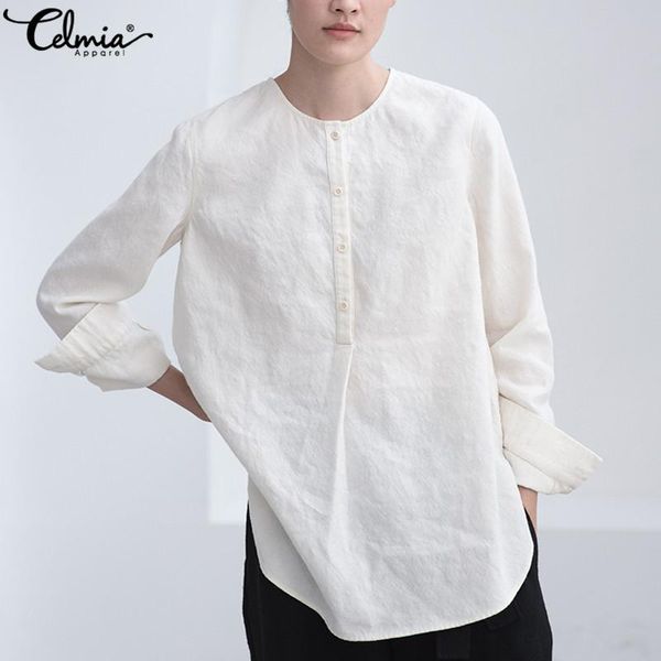 

celmia 5xl vintage cotton blouse women asymmetrical long sleeve plus size casual buttons loose blusas femininas shirts 2020, White