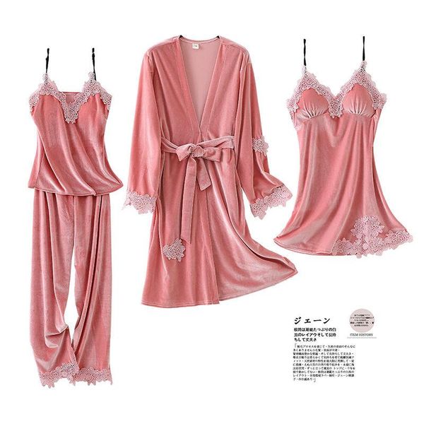 

women's sleepwear 2021 winter women thickened velvet pajamas 4 pieces set lace sling nightdress warm homewear plus size robe, Black;red