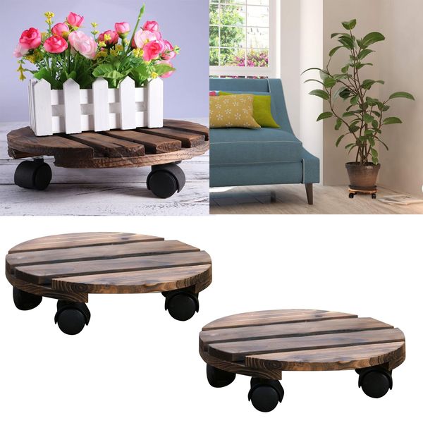 

2xwooden plant pot caddy 25cm round garden plant pot trolley 360 deg movable