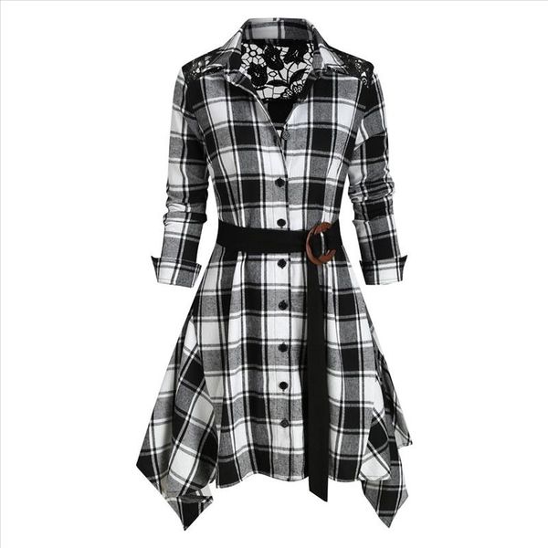 

women loose long blouses long sleeve belted turn down collar shirt plaid print lace splice asymmetric feminina belt, White