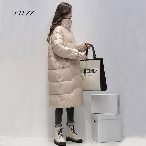 FTLZZ Piumino lungo con colletto alla coreana invernale Piumino lungo donna 90% Piumino d'anatra bianco Piumino giallo Parka Capispalla per neve calda spessa blu 201120