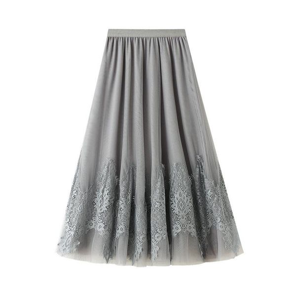 

vintage elegant lace patchwork long tulle skirt a-line high waist mesh tutu skirts womens 2020 autumn winter new arrival, Black