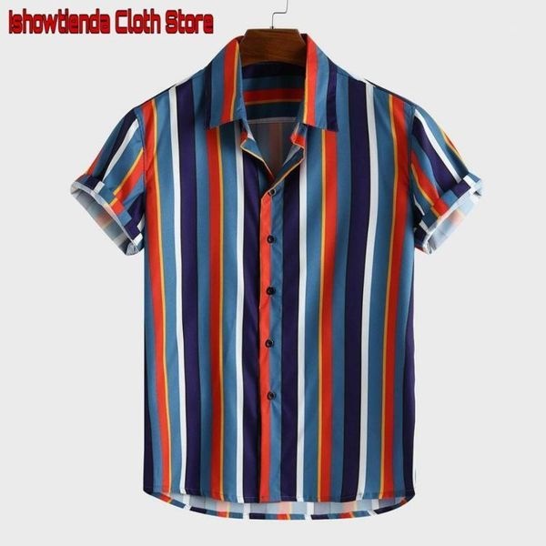 

2019 new stylish men breathable stripe summer short sleeve loose buttons casual shirt blouse beach hawaii camicia da uomo caldo1, White;black