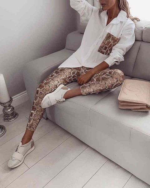

piece two dress casual fashion women's white suit leopard spliced shirt and skinny pants 2 piece set chic outfit qwoq
