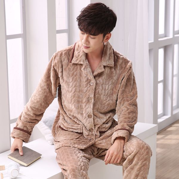 

men's pajamas flannel autumn winter male pyjama homme pijama sleepwear long-sleeve v-neck lapel cardigan lounge sleep set -3xl, Black;brown