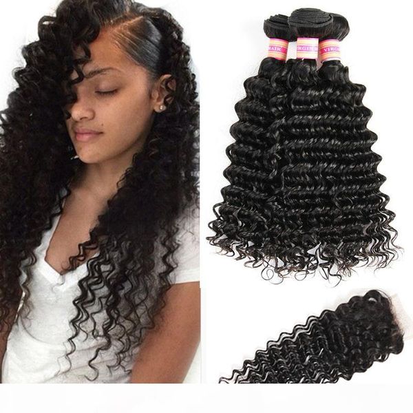 

kinky curly weave indian malaysian peruvian mongolian brazilian virgin hair with closure 3 4 bundles with closure deep wave human hair, Black