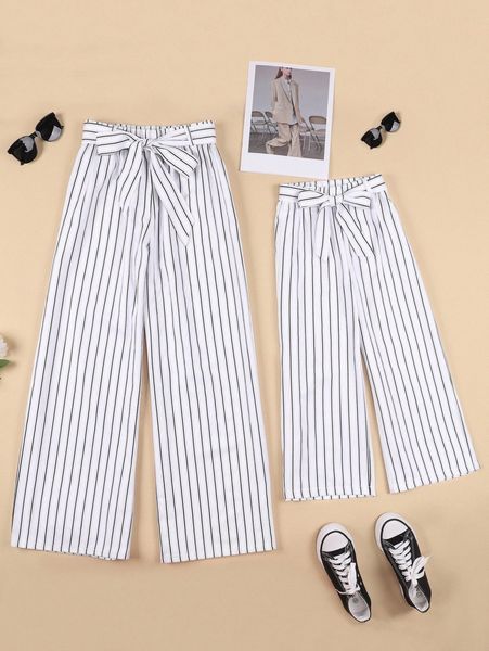 

1pc striped print belted wide leg pants u0tn#, Black;white