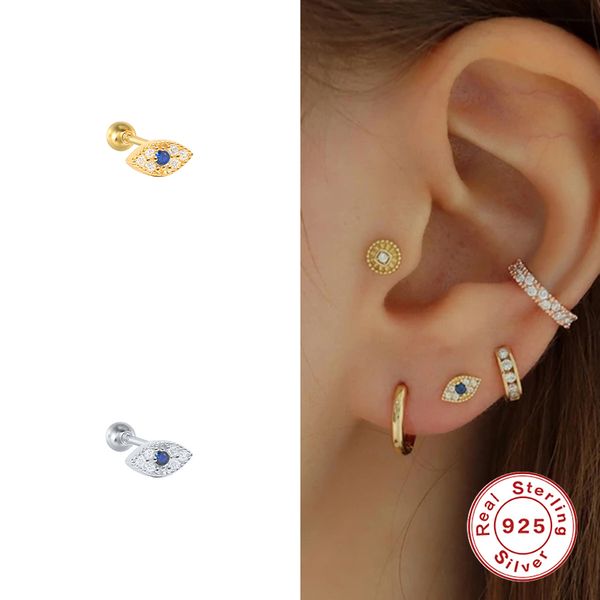 

gs 925 sterling silver helix stud earrings for women colored blue turquoise zircon evil eye shape piercing ear studs jewelry, Golden;silver