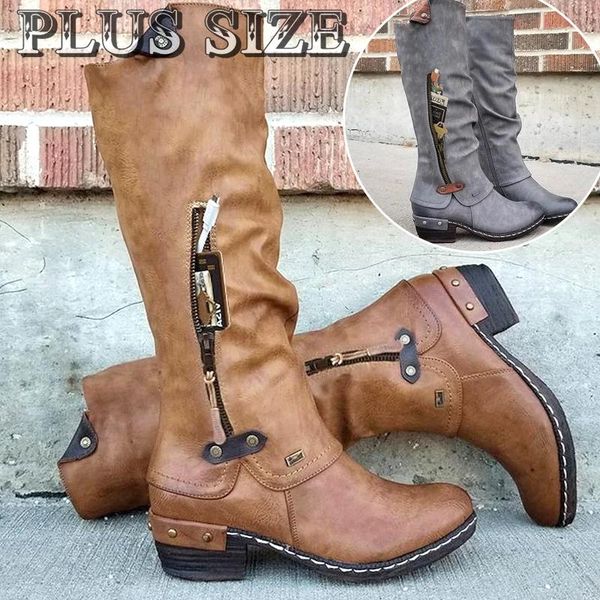 

женские сапоги western cowboy knee-high панк низкий толстый каблук на молнии женские женские туфли зимняя обувь зимние сапоги женщины, Black