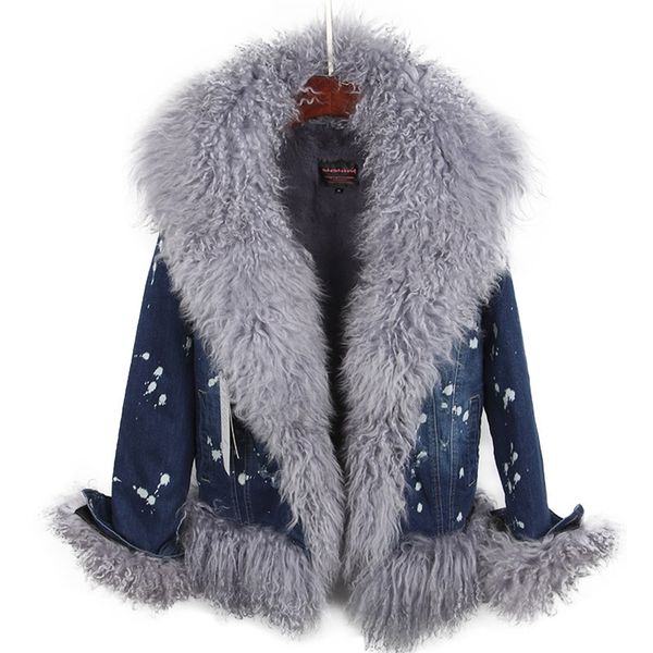 Lã natural alinhada com luxuoso gola de pele de lã denim casaco de inverno casual moda quente casaco de pele curta 201217