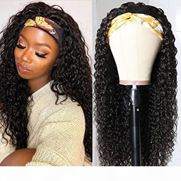 

glueless water wave headband wigs brazilian non lace scarf wig remy human hair wigs for women beginner friendly 150%density, Black;brown