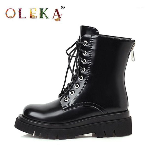 

oleka mid-calf winter boots women platform rome round toe boots for women rome style motorcycle warm short plush new1, Black