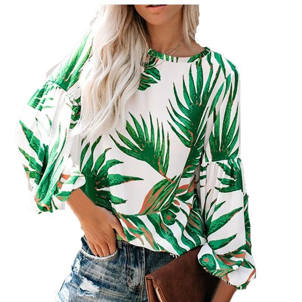 

women's blouses & shirts girl women full sleeve blouse chiffon round neck printed floral shirt big size lantern, White