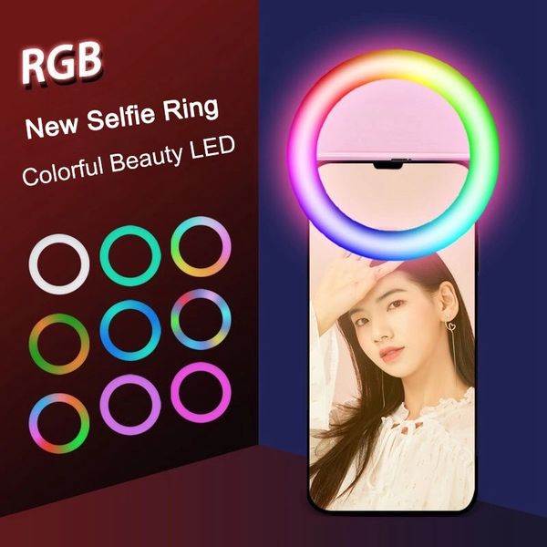 Ricaricabile RGB LED Ring Fill Light Telefono cellulare Selfie Ring Flash Lens Luminosità a 3 livelli Lampada Clip-on per smartphone Light 3.3