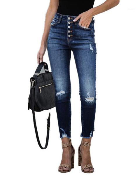 

2020 ripped hole high waist vintage jeans for women mom jeans denim pants slim fit boyfriend trousers ladies pencil1, Blue