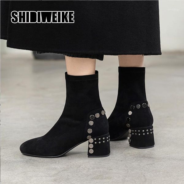 

2020 fashion women's boots round toe 6cm square heel sock boots female faux suede sequins ankle va1201, Black