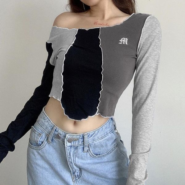 

women's t-shirt 2021 fashion autumn color block letter embroidery t-shirts casual long sleeve crop for ladies female slim, White
