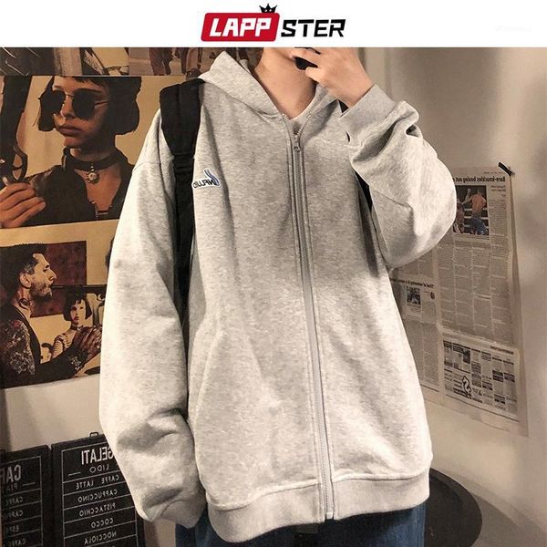 

lappster autumn men oversized hoodies cardigan 2020 autumn mens harajuku sweatshirts solid korean fashions grey hooded hoodie1, Black