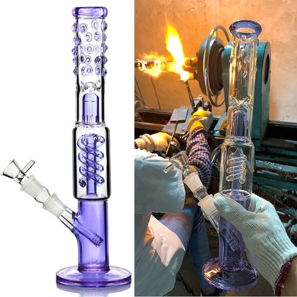 Bong ad acqua in vetro Recyler dritto a spirale dritta, alto circa 14 pollici, viola blu, facile da pulire, con stelo inferiore da 18 mm, braciere da 14 mm, disponibile