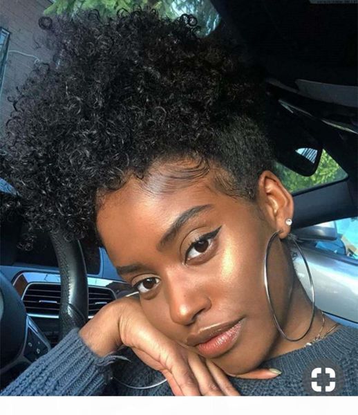 

african american short ponytail hair extension afro kinky curly clip in poppin afro puff bun chignon human hair pony tail 120g, Black