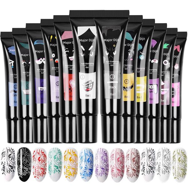 

12 color nail stamping gel painted rubber hose printing template diy design manicure nail printing glue 8ml 0451, Red;pink