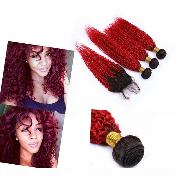 

ombre 3 bundles with closure 4" * 4" ombre weave hair human bundles with closure kinky curly #1b #red, Black;brown