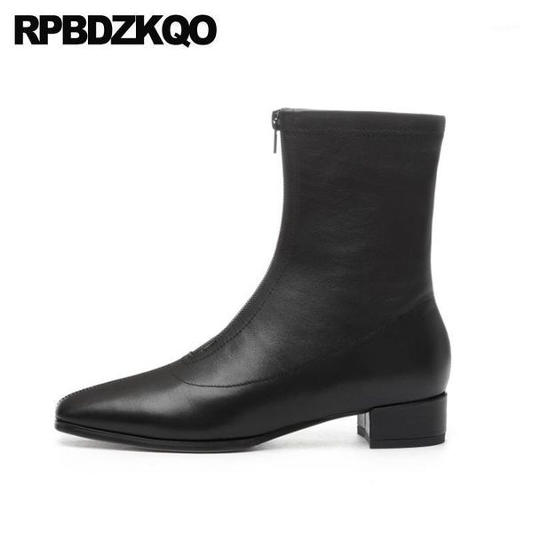 

shoes women elegant boots square toe 2020 black front zipper genuine leather autumn handmade ankle fall chunky1