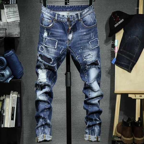 

2020 fashion casual students personality skinny jeans men trendy men's slim feet pants1, Blue