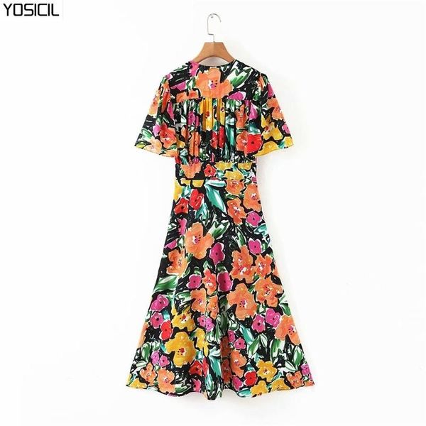 

yosicil vintage a printed dress women short sleeve colorful summer dress ladies v casual midi dresses vestidos 2021, Black;gray