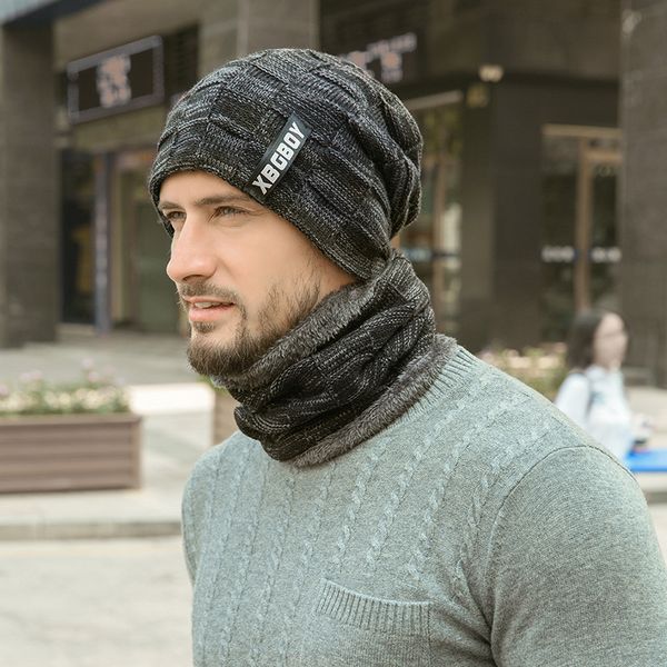 

neck warmer knitted hat scarf set fur wool lining thick warm knit beanies winter hat for men women cap skullies bonnet keep warm, Blue;gray