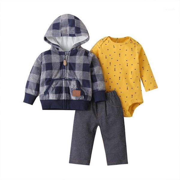 

winter baby clothing set newborn boy girls outfit long sleeve thicken fleece plaid hooded coat+romper+pant new born outfits 20201, White