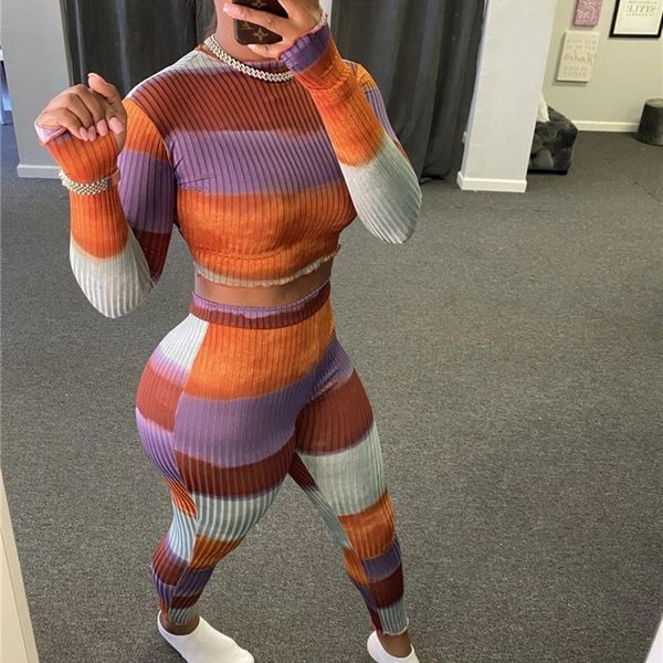 

streetwear striped knitted women's set crop legging pants suits tracksuit matching two piece sets fitness outfit, Gray