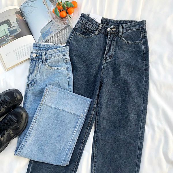 

spring straight pants high waist retro wide leg loose denim pants1, Blue