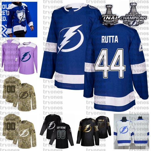 

2021 reverse retro customize 44 jan rutta tampa bay lightning champions hockey jersey golden edition camo veterans day fights cancer, Black;red