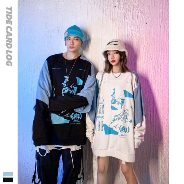 

Autumn winter lovers college loose round neck sweater Guochao men's and women's sports leisure long sleeved top, Black