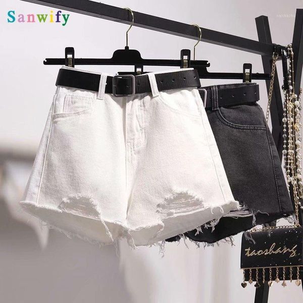 

women's denim shorts high waist vintage casual loose pants black white ripped women summer 20201, Blue