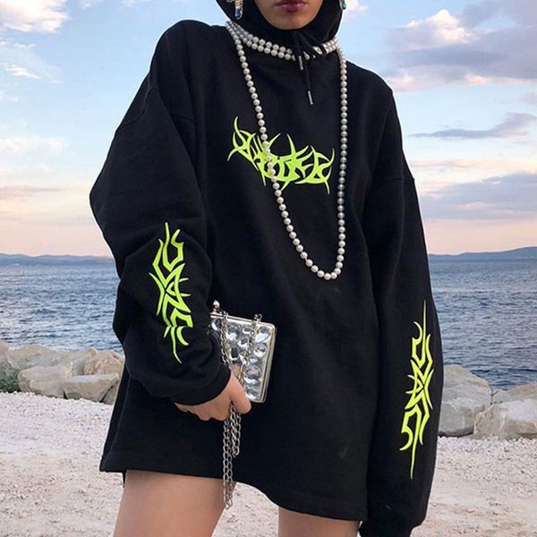 

black oversized hoodies women neon print hooded women's hoody loose pullover 2020 spring gothic streetwear hoodie female y200706