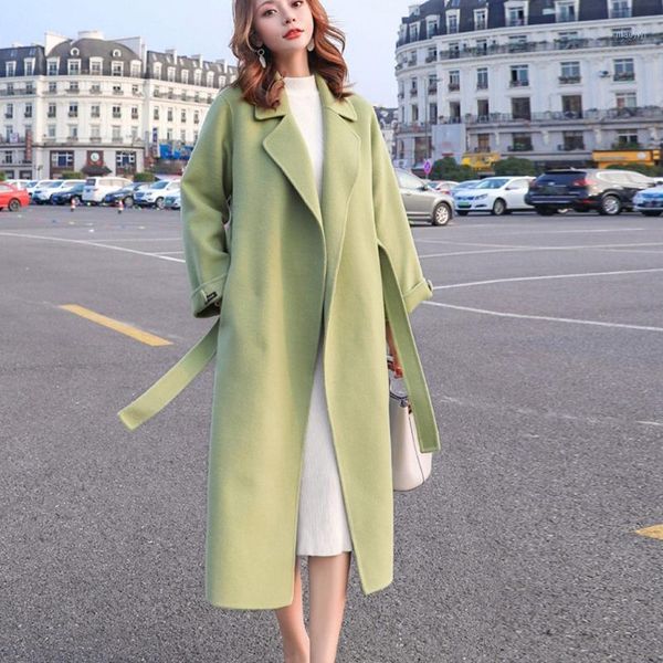 

women work solid vintage winter office long sleeve button woolen jacket coat vintage women belt maple red temperament coat 10.211, Black