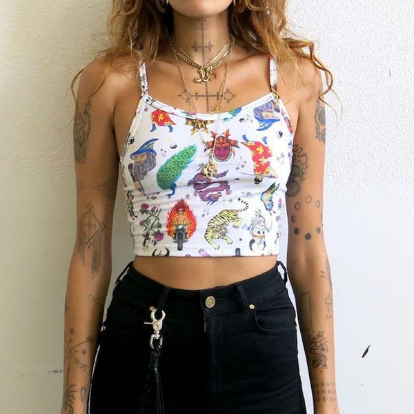

fashion print women summer tank vest sleeveless slim ladies v neck crop female shirts, White