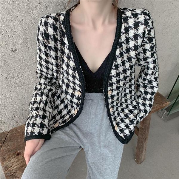 

cbafu women houndstooth tweed coat long sleeve v neck single breasted wool jacket designer runway plaid cashmere outwear m333, Black;brown